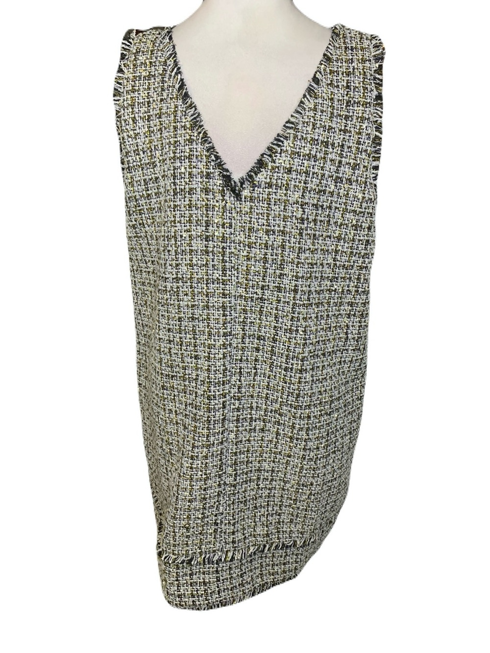 NEW LOFT Blue Gold Metallic Tweed V-Neck Size 14 Mini Dress Sleeveless Fringe - Picture 3 of 10